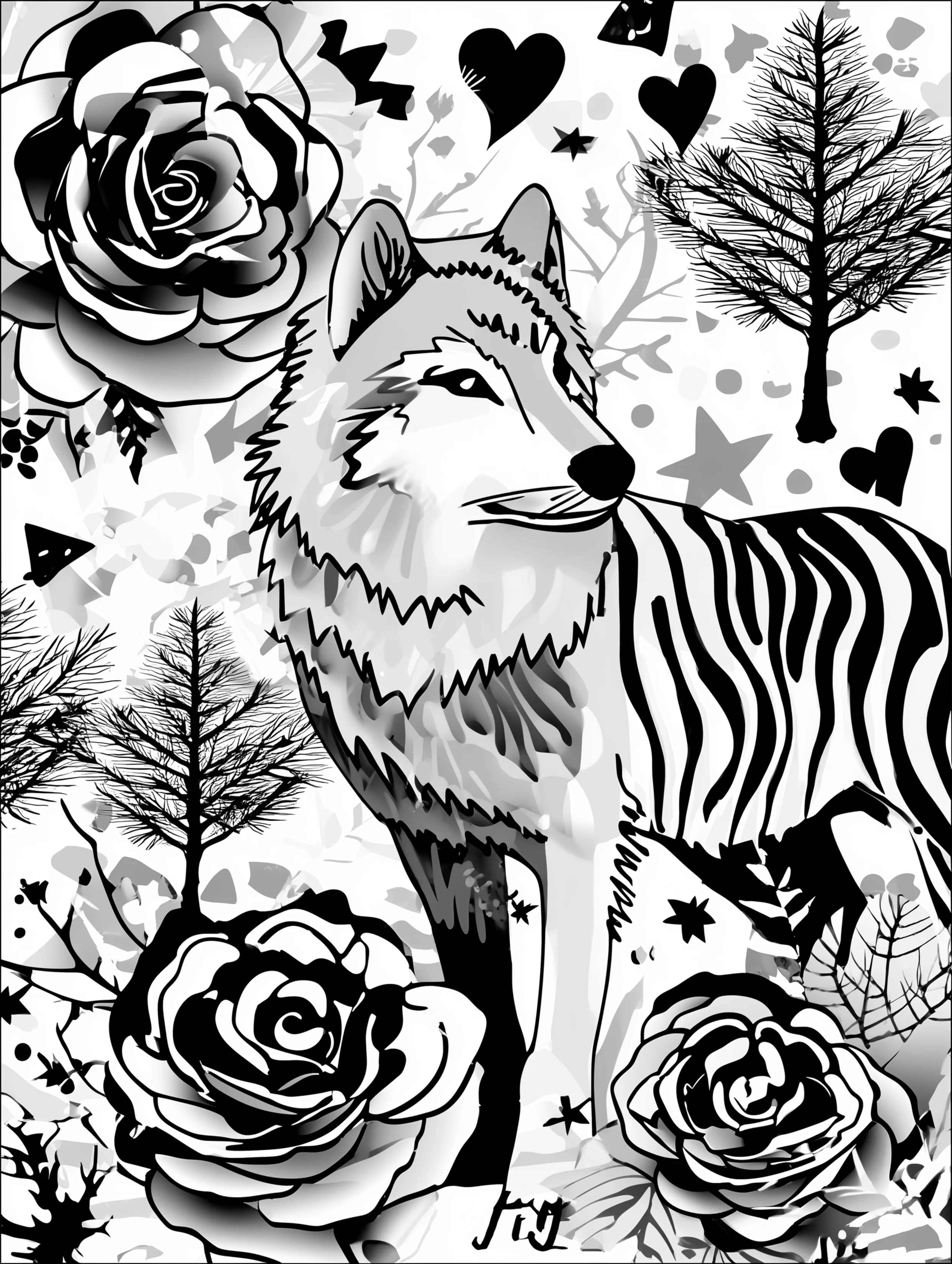 Free printable wolf coloring page for adults featuring a wolf looking over its shoulder to the right